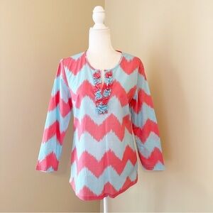 J. McLaughlin Cotton Ruffle Neck Coral and Blue Top - XS